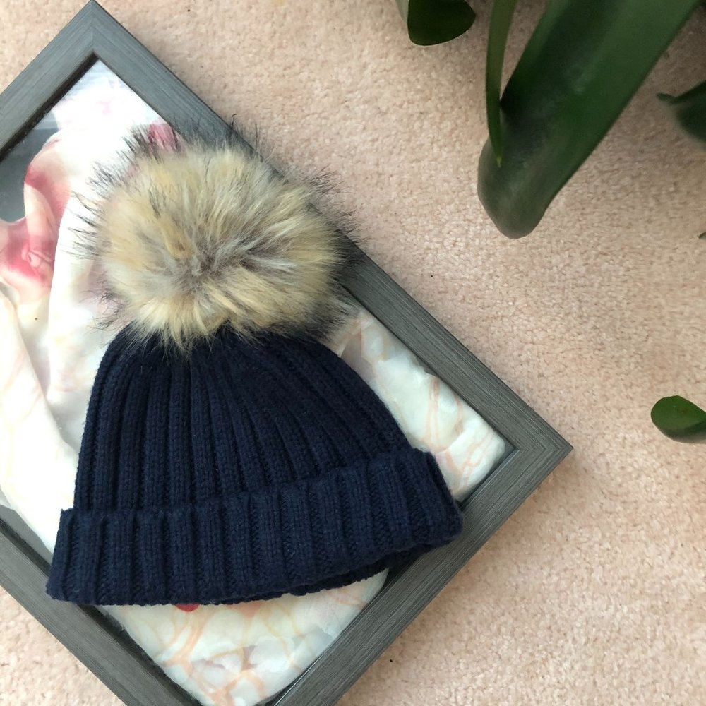 Ribbed Navy Pom-Pom Beanie Hat | J. Crew